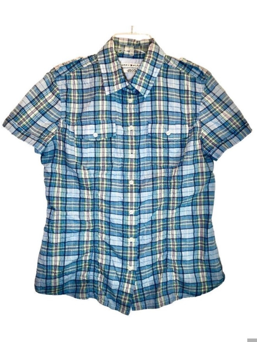 Tommy Hilfiger Plaid Crinkled Fabric Short Sleeve in Blues/Red/Green Women’s M